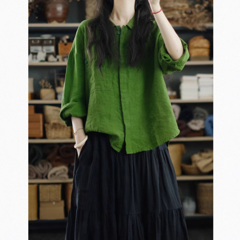 Zelena lanena široka košulja za žene, s reverom, dugi rukavi, casual jakna-stil košulja od lana