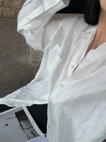 Ženska košulja od 100% lana, dugi rukavi, jednobojna boja, opuštena silueta, ovratnik košulje, svakodnevni stil