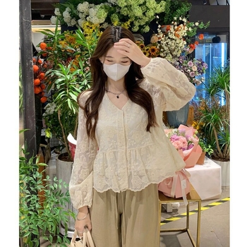 Bluza s čipkom u korejskom stilu, V-izrez, ženska, dugi rukavi, proljeće–jesen dizajn, francuski chic stil