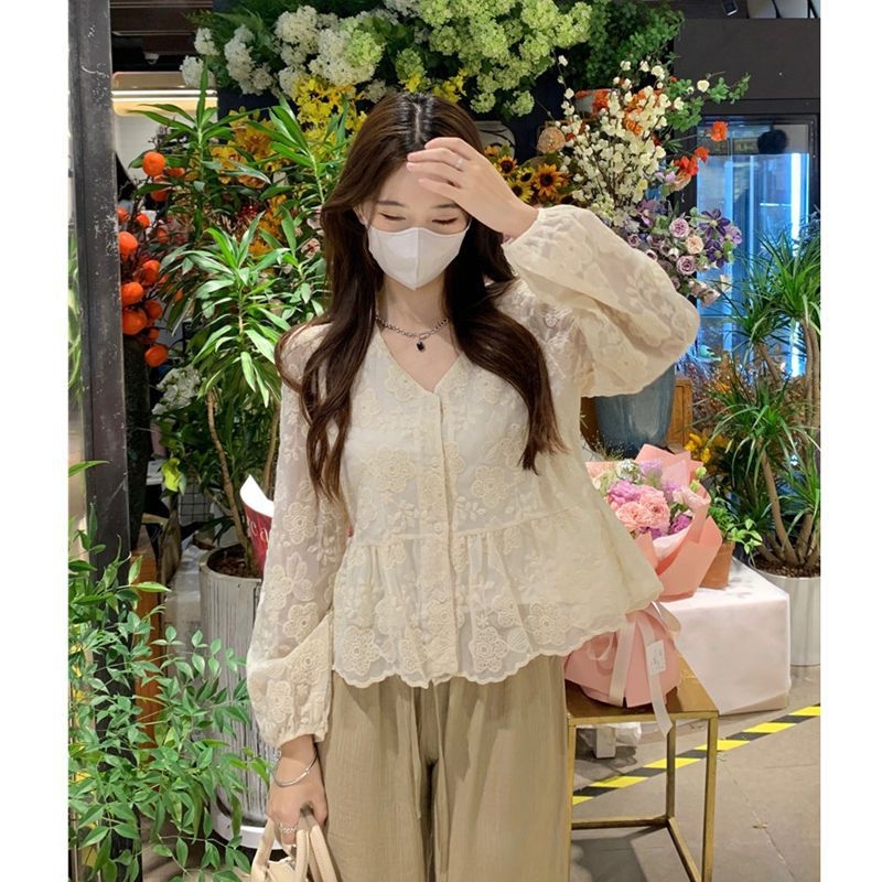 Bluza s čipkom u korejskom stilu, V-izrez, ženska, dugi rukavi, proljeće–jesen dizajn, francuski chic stil