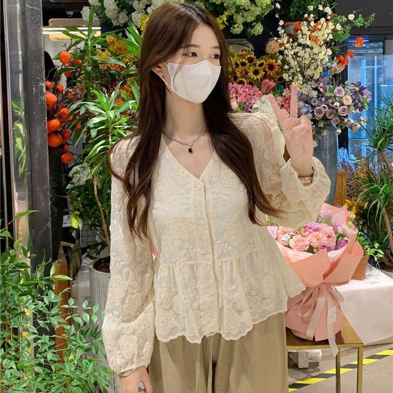Bluza s čipkom u korejskom stilu, V-izrez, ženska, dugi rukavi, proljeće–jesen dizajn, francuski chic stil