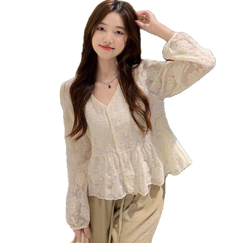 Bluza s čipkom u korejskom stilu, V-izrez, ženska, dugi rukavi, proljeće–jesen dizajn, francuski chic stil