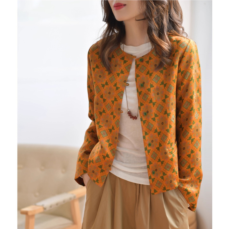 Ženska svilena košulja s retro otiskom, slobodan kroj, elegantan kineski stil