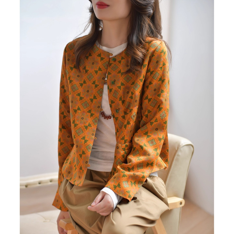 Ženska svilena košulja s retro otiskom, slobodan kroj, elegantan kineski stil