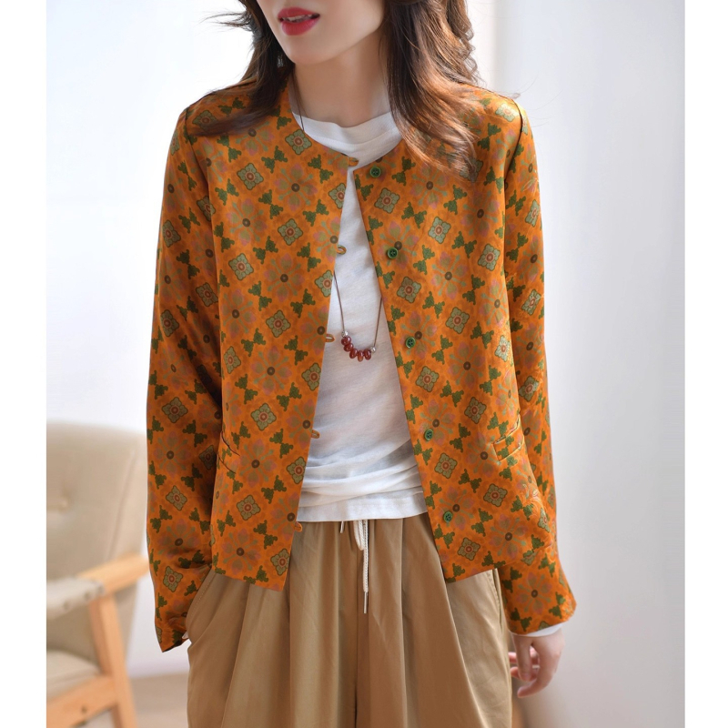 Ženska svilena košulja s retro otiskom, slobodan kroj, elegantan kineski stil