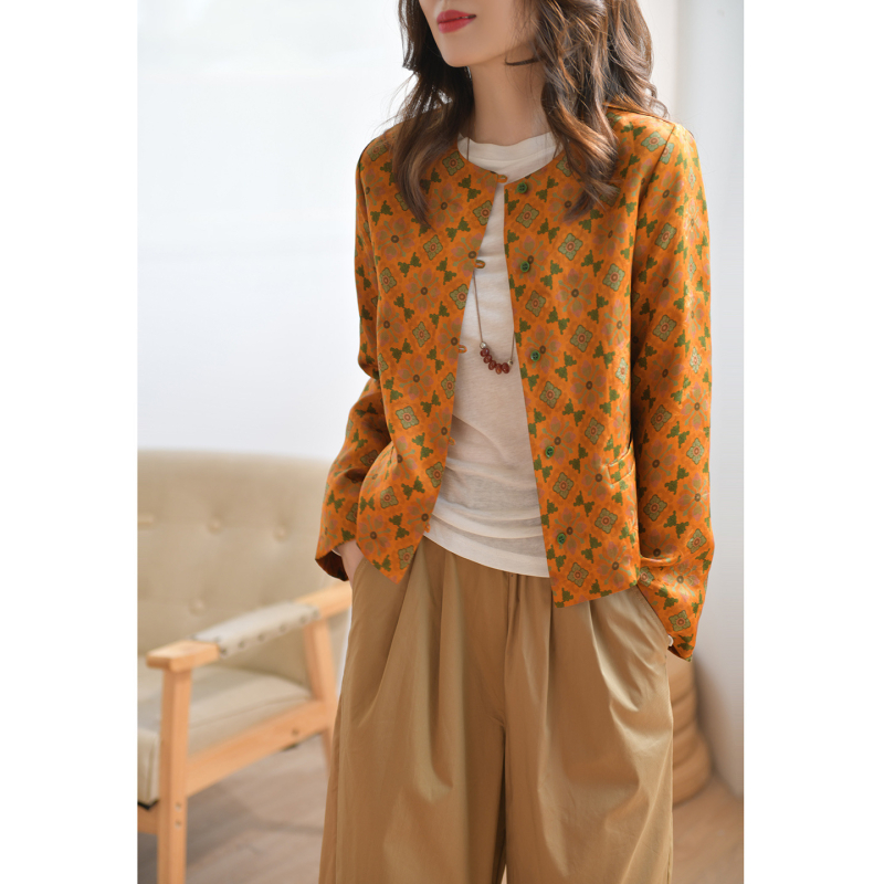 Ženska svilena košulja s retro otiskom, slobodan kroj, elegantan kineski stil