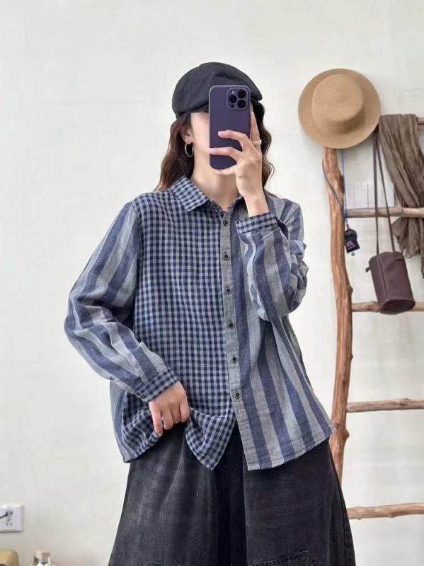 Koreanskog stila pamukasti kardigan s patchworkom karirastim i prugastim uzorkom, ležeran kroj, dugi rukavi