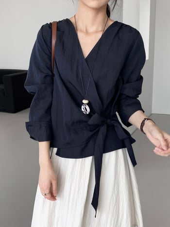 Ženska košulja od Lyocell s pojasom, remenom, korejski stil, uredski top, vitka silueta, 5039