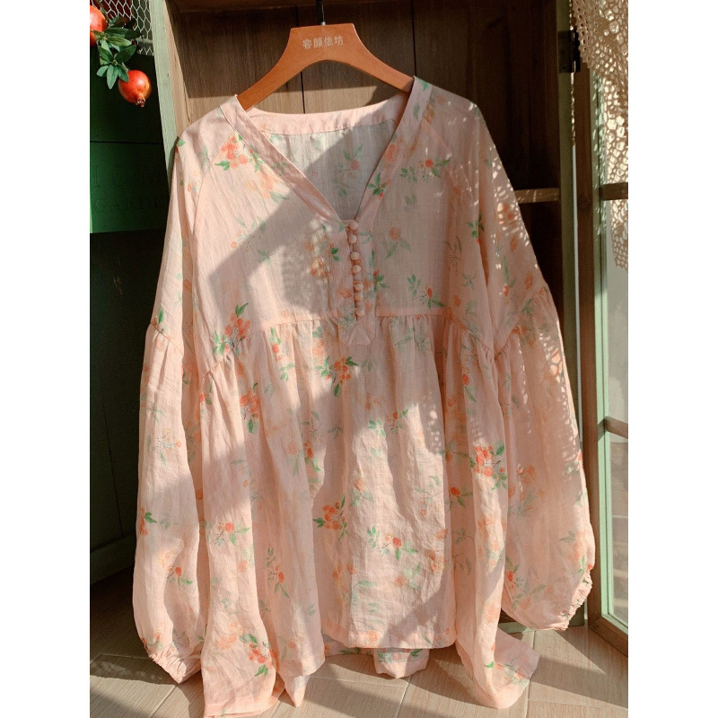 Nova kineska stil vintage košulja s otiskom od pamuka-len, široka silueta, rukavi u lampion stila, dugi rukav, ženski top