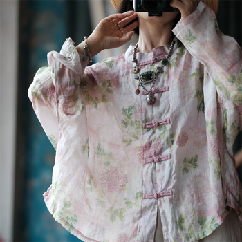 Ženska ramije košulja u vintage stilu, ležeran kroj, kolage otisak, prednje kopčanje, stojeći ovratnik, 1972