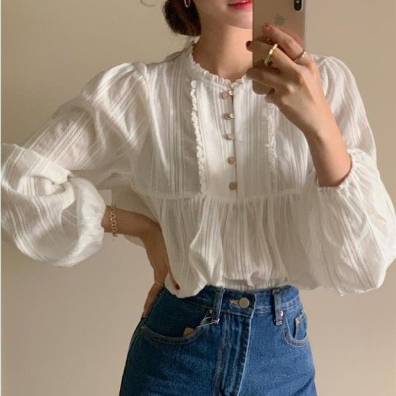 Ženska bluza u francuskom retro stilu, jesen 2023, korejski stil, nježna elegancija, bijela jednobojna bluza