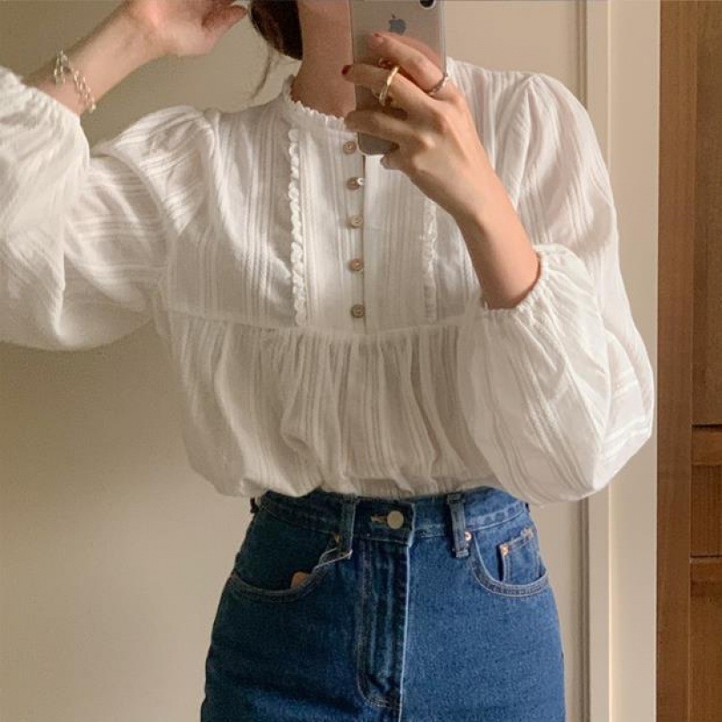 Ženska bluza u francuskom retro stilu, jesen 2023, korejski stil, nježna elegancija, bijela jednobojna bluza