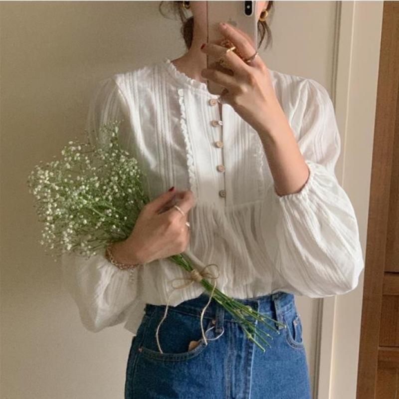 Ženska bluza u francuskom retro stilu, jesen 2023, korejski stil, nježna elegancija, bijela jednobojna bluza