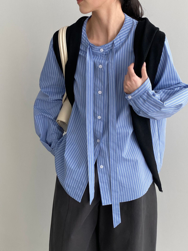 Ženska bluza u korejskom stilu s okruglim izrezom i prugama, s mašnicom, pamuk-poliester smjesa, 6188