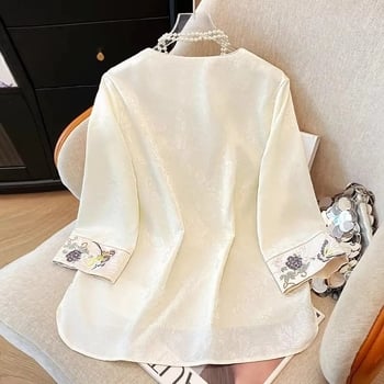 Novi kineski stil unutarnji top s dijagonalnim ovratnikom, 3/4 rukavi, jacquard vezenje, ženska košulja laganog kroja, elegantna