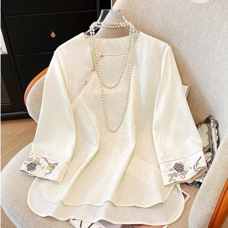 Novi kineski stil unutarnji top s dijagonalnim ovratnikom, 3/4 rukavi, jacquard vezenje, ženska košulja laganog kroja, elegantna