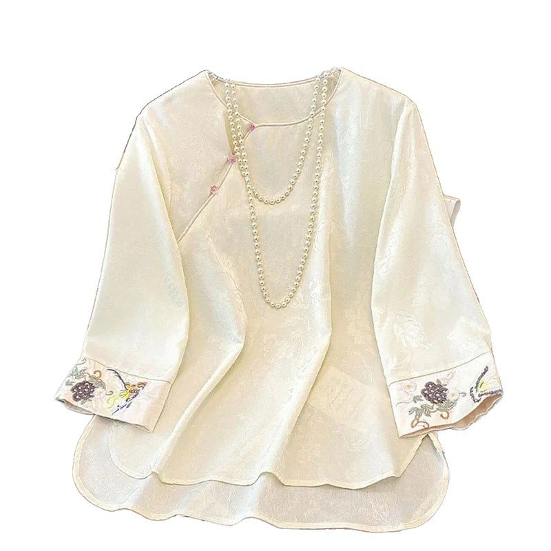 Novi kineski stil unutarnji top s dijagonalnim ovratnikom, 3/4 rukavi, jacquard vezenje, ženska košulja laganog kroja, elegantna