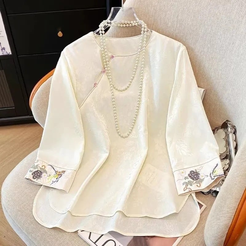 Novi kineski stil unutarnji top s dijagonalnim ovratnikom, 3/4 rukavi, jacquard vezenje, ženska košulja laganog kroja, elegantna