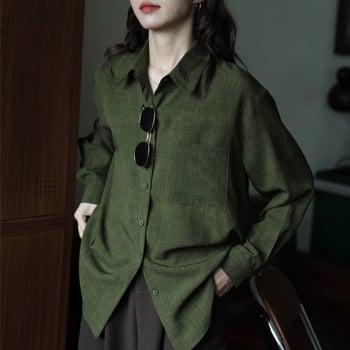 Ženska košulja s dugim rukavima, udoban kroj, zelena boja, retro hongkonški stil, jesen.