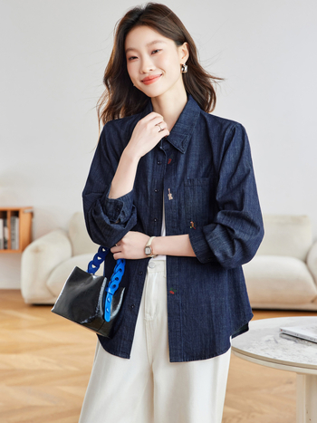 Pamut cocon stílusú denim kabát hímzéssel, hosszú ujjú női felső koreai hatású őszi kollekció