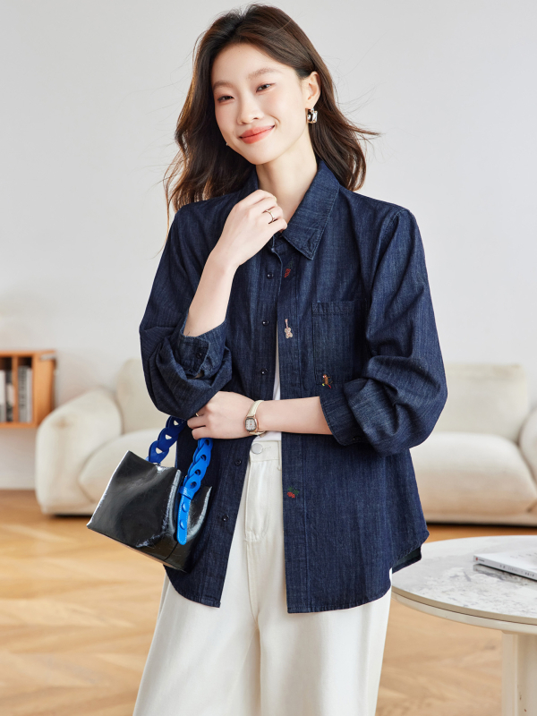 Pamut cocon stílusú denim kabát hímzéssel, hosszú ujjú női felső koreai hatású őszi kollekció
