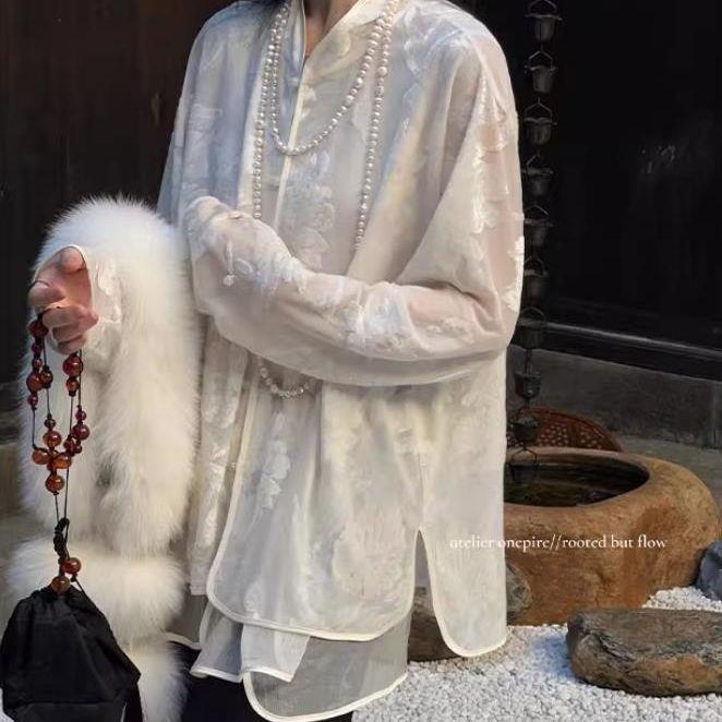 Jacquard bluza bez rukava sa stojećim ovratnikom i kopčama, kineski stil s Zen inspiracijom, nacionalni retro izgled