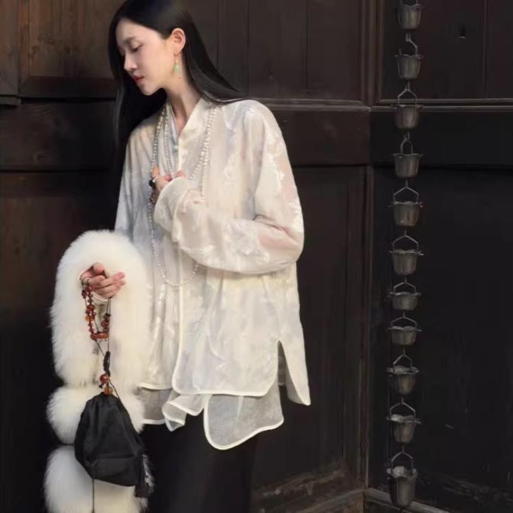 Jacquard bluza bez rukava sa stojećim ovratnikom i kopčama, kineski stil s Zen inspiracijom, nacionalni retro izgled