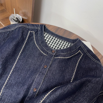 Proljetna ženska denim košulja u japanskom stilu s okruglim izrezom i slobodnim krojem te kariranim patchwork dizajnom — svestran i laskav gornji dio