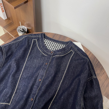 Proljetna ženska denim košulja u japanskom stilu s okruglim izrezom i slobodnim krojem te kariranim patchwork dizajnom — svestran i laskav gornji dio