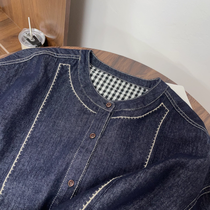 Proljetna ženska denim košulja u japanskom stilu s okruglim izrezom i slobodnim krojem te kariranim patchwork dizajnom — svestran i laskav gornji dio