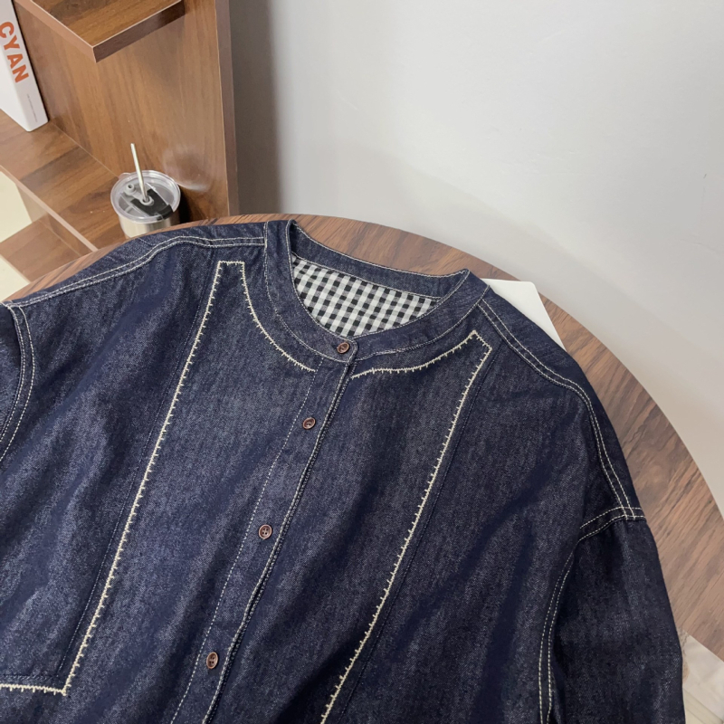 Proljetna ženska denim košulja u japanskom stilu s okruglim izrezom i slobodnim krojem te kariranim patchwork dizajnom — svestran i laskav gornji dio