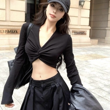 Ženski dugi rukav majica s twist dizajnom, američki stil, crop top s uskim krojem i otkrivenim strukom za džez ples, jesen