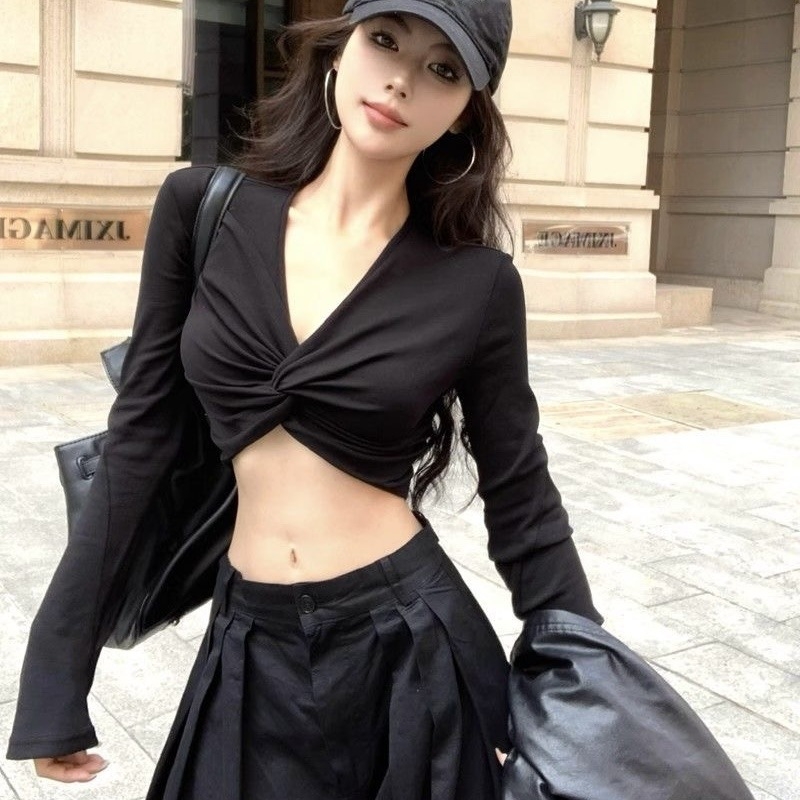 Ženski dugi rukav majica s twist dizajnom, američki stil, crop top s uskim krojem i otkrivenim strukom za džez ples, jesen
