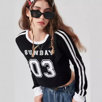 Ženski T-shirt s dugim rukavima u američkom retro street stilu, otisak sa slovima i dvijema prugama, slobodan kroj
