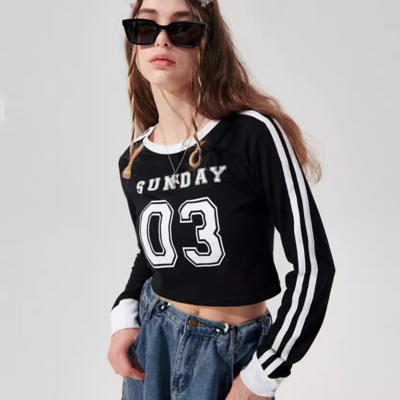 Ženski T-shirt s dugim rukavima u američkom retro street stilu, otisak sa slovima i dvijema prugama, slobodan kroj