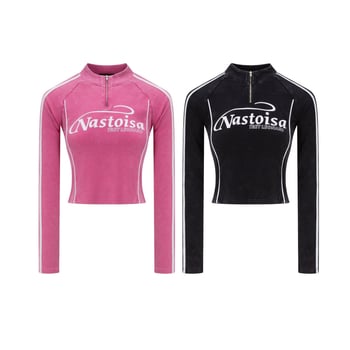 Ženski crop top s dugim rukavima i stojećim ovratnikom, američki vintage stil, jesen 2025, uski kroj, sportski top s pola zipom