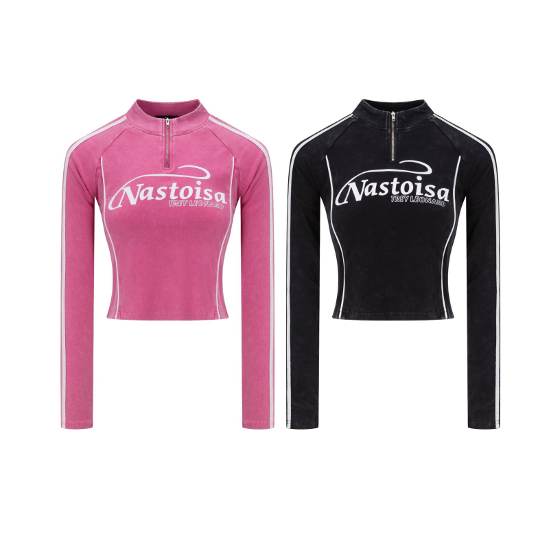 Ženski crop top s dugim rukavima i stojećim ovratnikom, američki vintage stil, jesen 2025, uski kroj, sportski top s pola zipom