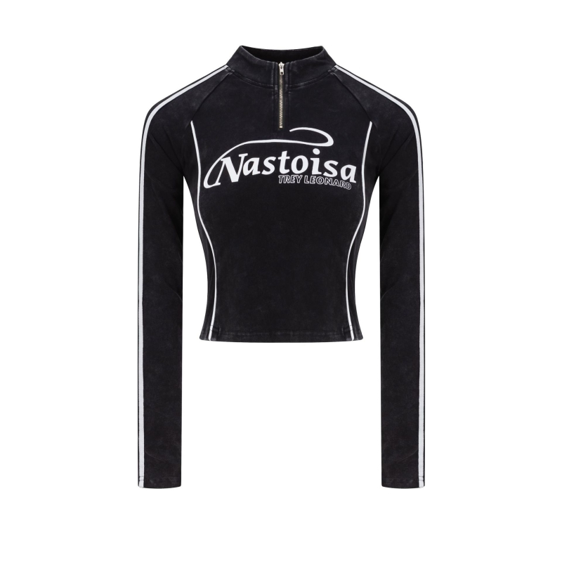 Ženski crop top s dugim rukavima i stojećim ovratnikom, američki vintage stil, jesen 2025, uski kroj, sportski top s pola zipom