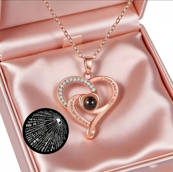 Szív alakú vetítő nyaklánc I love you 100 nyelven, valódi aranyozás, egyedi készítés