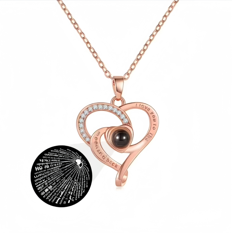 Szív alakú vetítő nyaklánc I love you 100 nyelven, valódi aranyozás, egyedi készítés