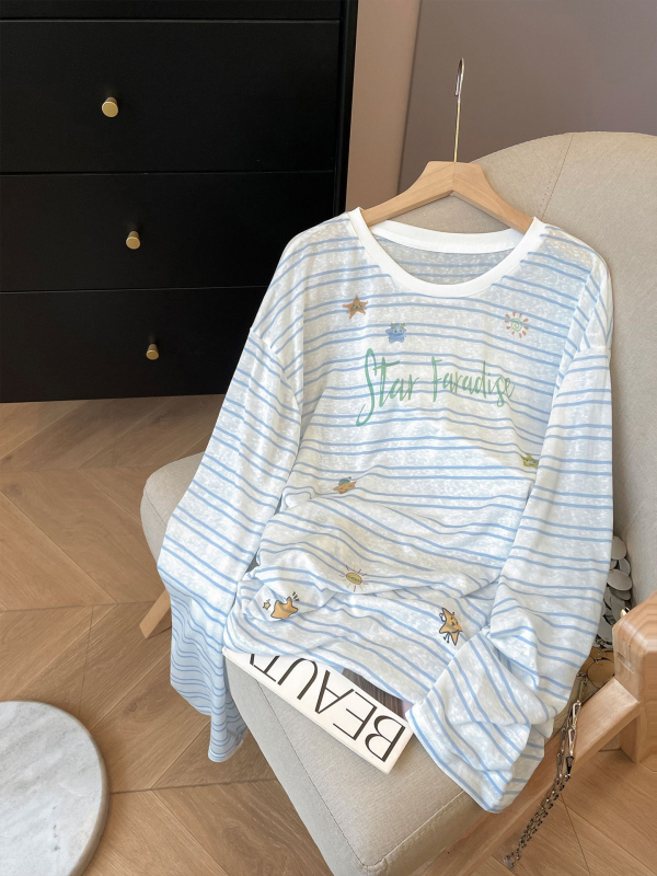 Ženski lagani T-shirt s dugim rukavima, zaštita od sunca, prugasti uzorak, Sorona izrez, plus veličina, za ranu jesen.