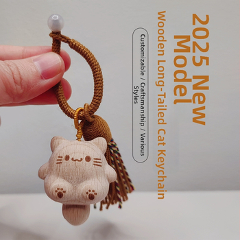2025 nový bukový drevený visací amulet so šťastnou mačkou s dlhým chvostom, roztomilá a kreatívna drevená dekorácia ako darček