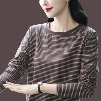 Ženska majica s dugim rukavima u korejskom stilu, prugasta, pamuk-mješavina, slobodan kroj, pokriva trbuh, za proljeće i jesen, velika veličina