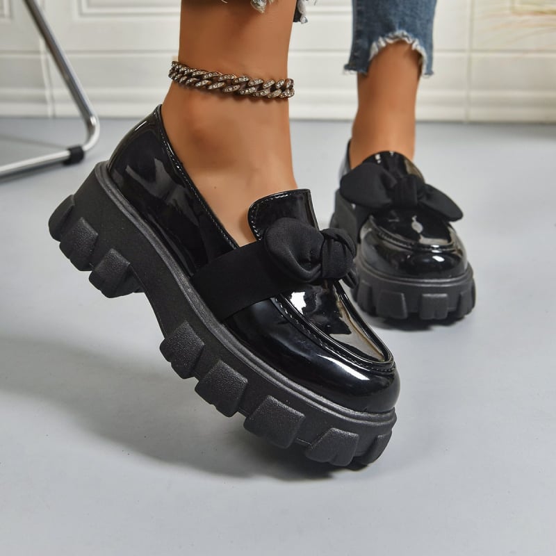 Ženske loaferice s debelim potplatom, retro stil, PU gornji dio, srednja visina pete, mašna
