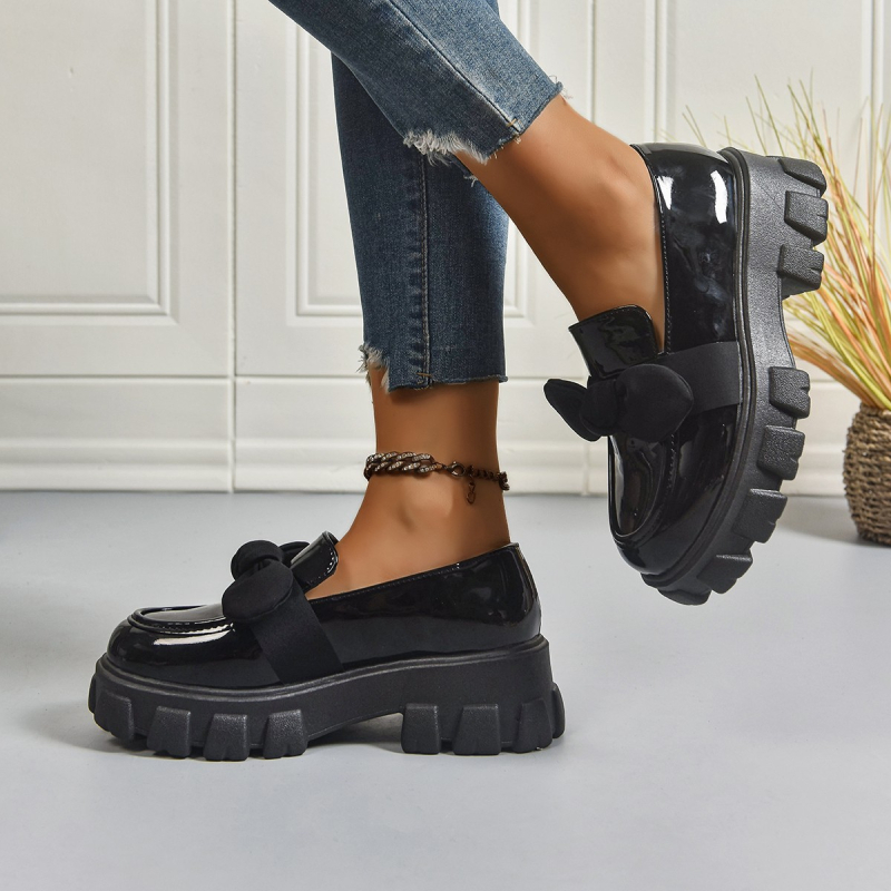 Ženske loaferice s debelim potplatom, retro stil, PU gornji dio, srednja visina pete, mašna