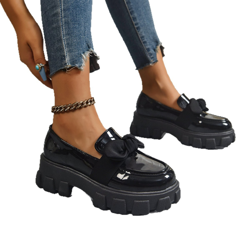 Ženske loaferice s debelim potplatom, retro stil, PU gornji dio, srednja visina pete, mašna
