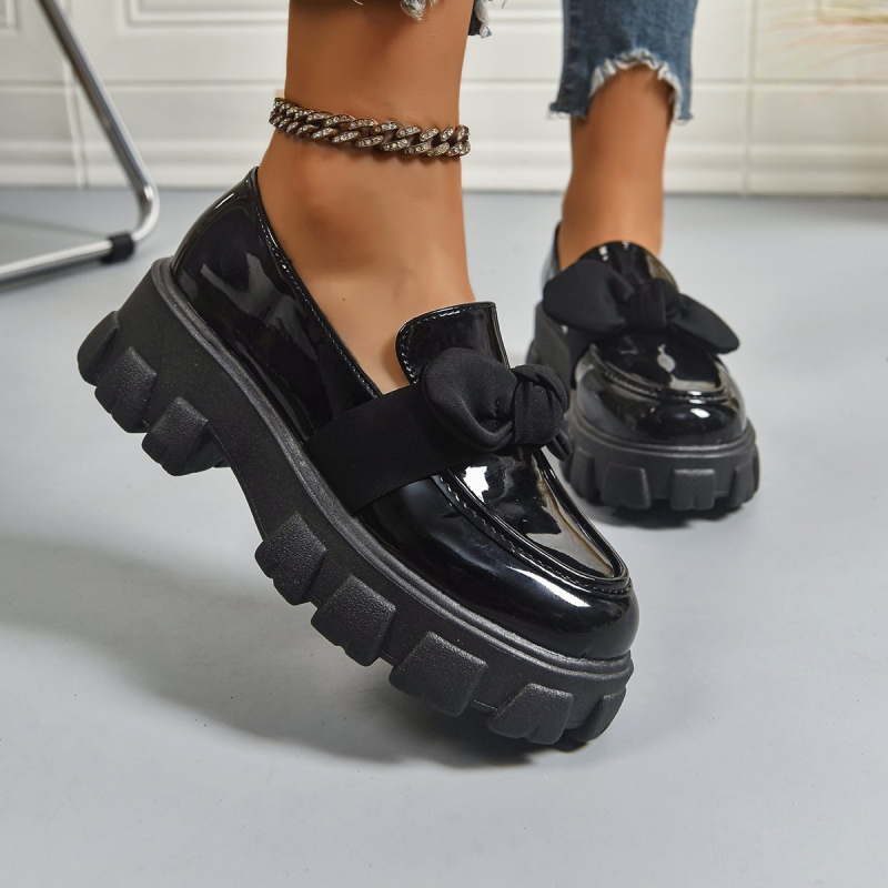 Ženske loaferice s debelim potplatom, retro stil, PU gornji dio, srednja visina pete, mašna