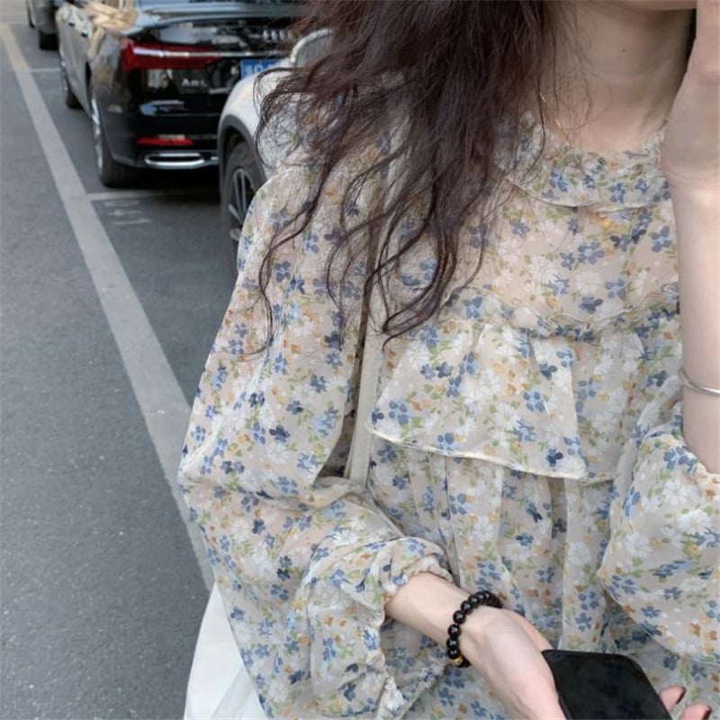 Ženska šifon bluza s cvjetnim printom, francuski retro stil, elegantna