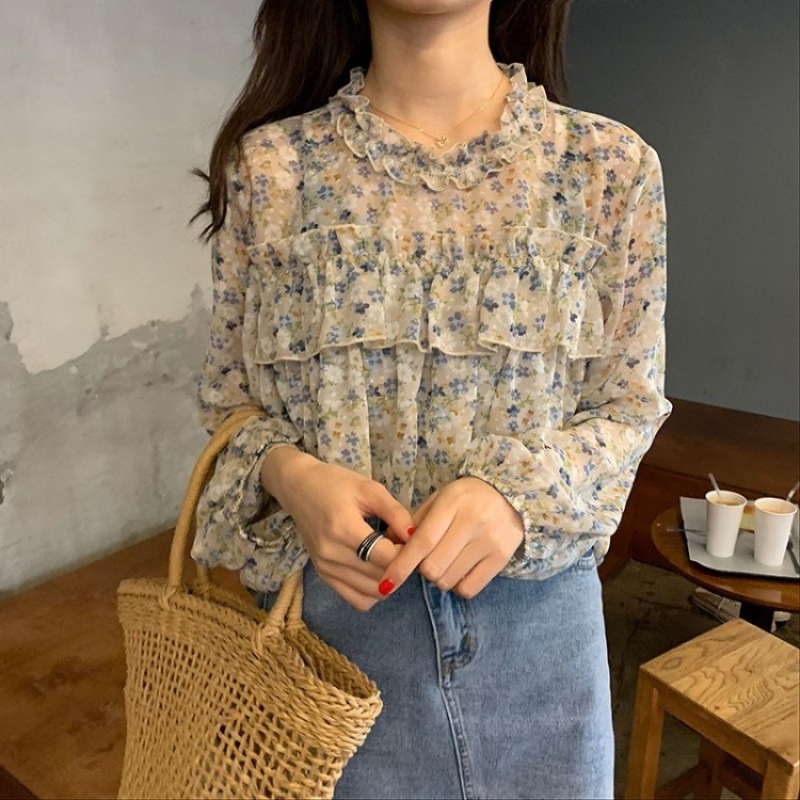 Ženska šifon bluza s cvjetnim printom, francuski retro stil, elegantna