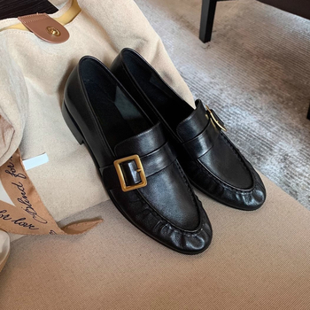 Loaferi din piele naturală cu cataramă pătrată, căptușite cu lână de oaie, stil britanic vintage, slip-on pentru femei
